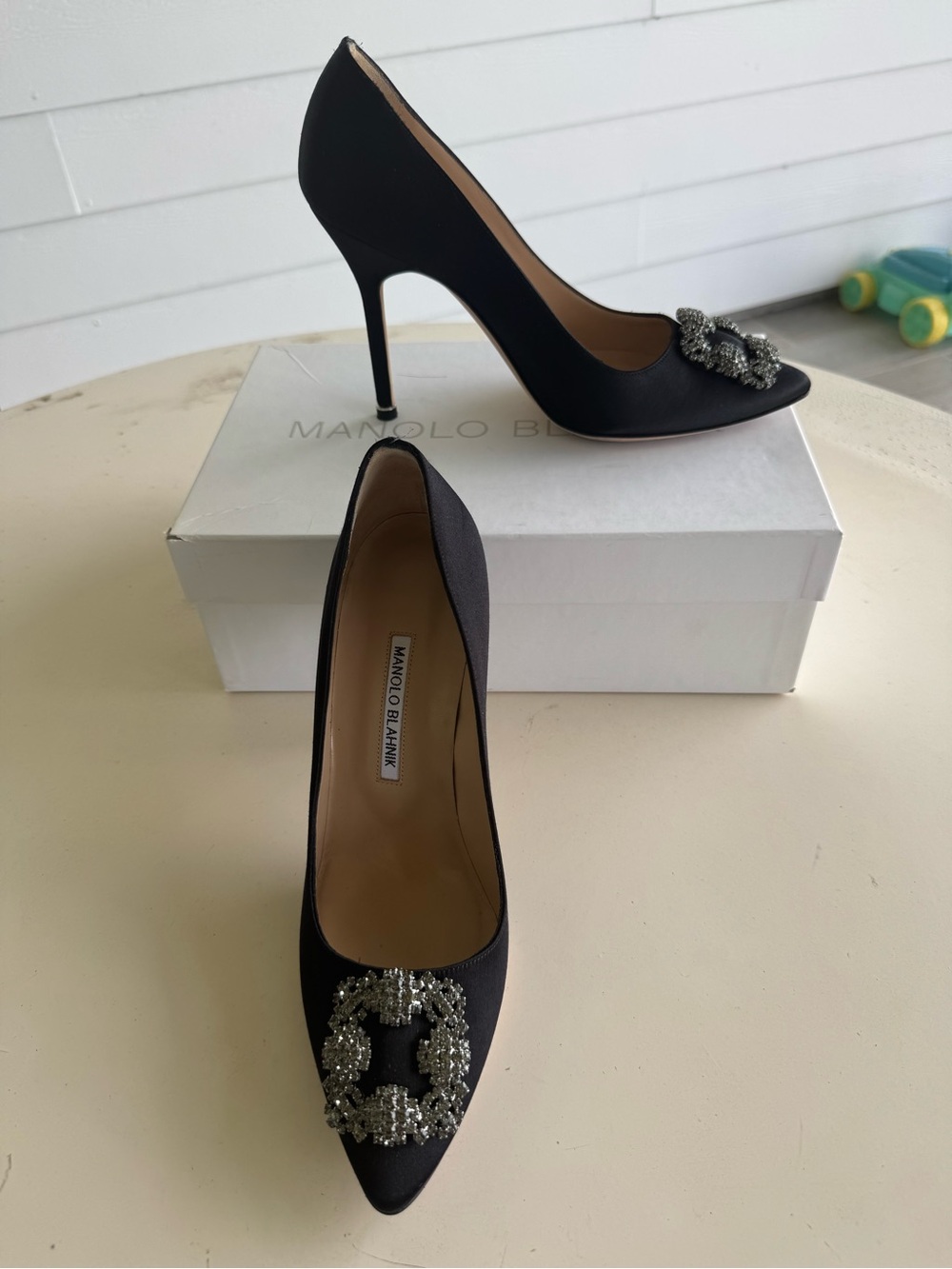 Manolo Blahnik Black Satin Pointed Toe Pump with Crystal Buckle